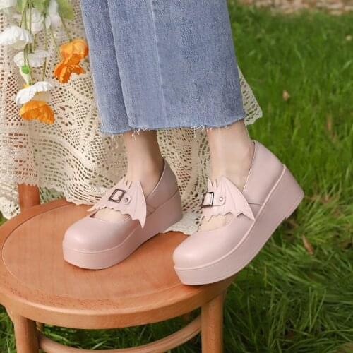 Womens Creepers Heel Platform Shoes Bat Wings Buckle Sandals Casual Gothic Oxfords Wedge Heel Retro Plus Size 4Colors