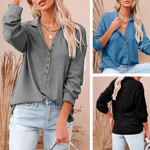 WomenS Solid Color Fashion Rib Knit Sweater Button V-Neck Adjustable Top Loose Casual Lapel Knitted Top Spring And Autumn