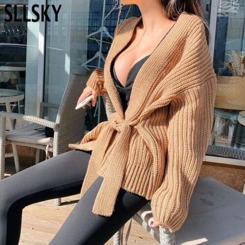 SLLSKY Winter Knitted Long Sleeve Lace Up Cardigans Elegant V Neck Women Sweater Loose Basic Open Stitch Casual Solid Tops