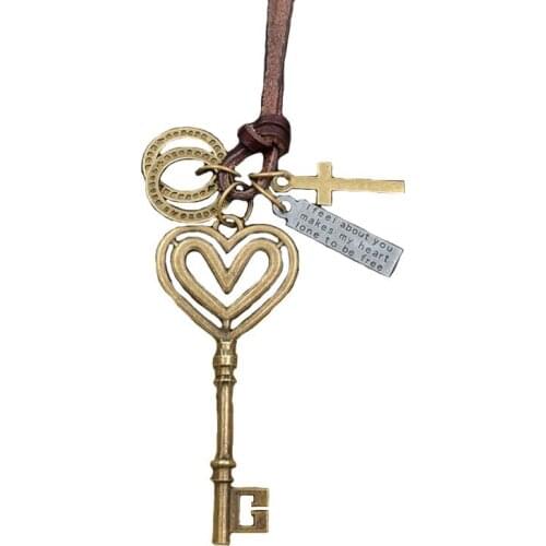 100% retro Genuine necklace Punk bronze Cowhide Leather skull key love Cross Loop Letter Tag Mens birthday Gift AC021-028