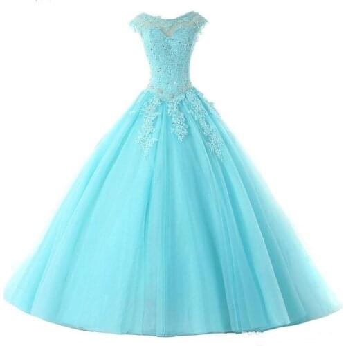 Blue Appliques Strapless Quinceanera Ball Gown Prom Dresses Backless Lace-up Tulle Princess Elegant Floor-Length Evening Gowns