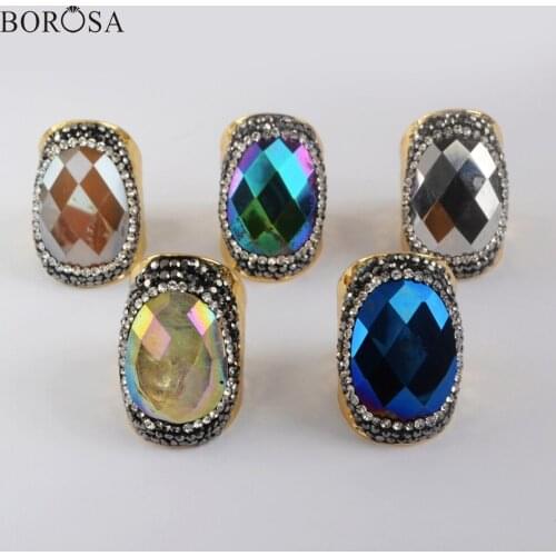BOROSA Gold/Silver Plated Natural Crystal Ring Paved Rhinestone Men Ring Gems Stones Ring Cubic Zirconia Ring Jewelry JAB972