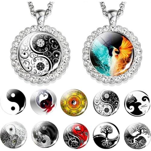 Black and White Yin Yang Taichi Symbols Necklace Jewelry Yin Yang Cat Tree of Life Glass Cabochon Pendant Necklaces Gifts