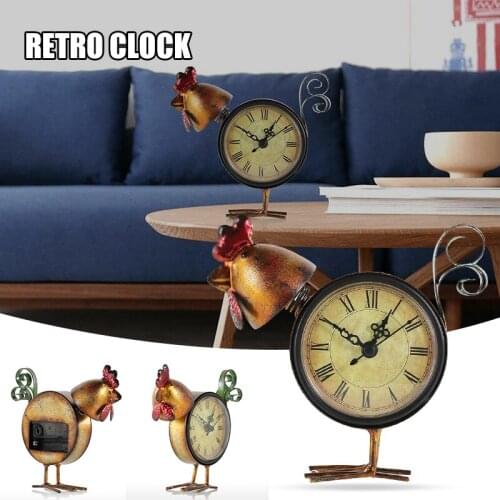 Art Desk Clock Handmade Vintage Metal Cock Figurine Clock Decorative Table Animal Ornament for Home Office 5.9*2*5.9inch B1