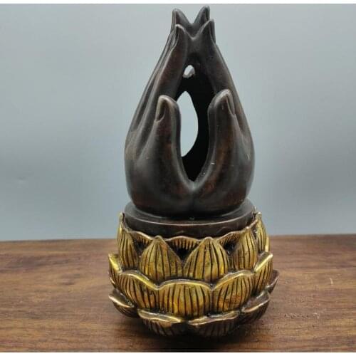 Exquisite antique Tibet Buddhism Red copper Gilding carving (Bergamot lotus flower) censer home Tabletop ornaments decoration