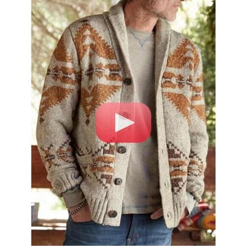 Mens Wool Cardigan Large Size Print Long Sleeve Lapel Button Autumn Winter Warm Casual Fashion Elasticity Male Sweater