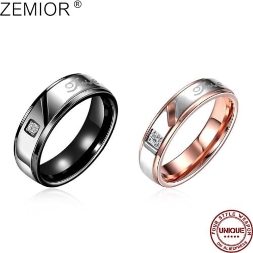ZEMIOR Stainless Steel Rings For Lovers English Letters Inlay Zirconia Festival Gifts For Girlfriend Wife Simple Fashion Jewelry