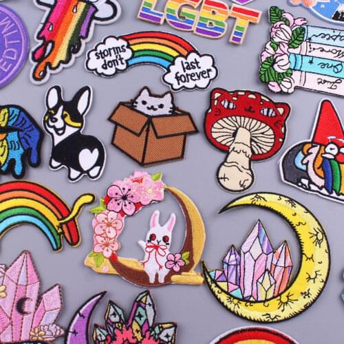Animals Patches On Clothes Cartoon Crystal/Rainbow Embroidery Patch Iron On Patches For Clothing Gay Badges Stickers Applique