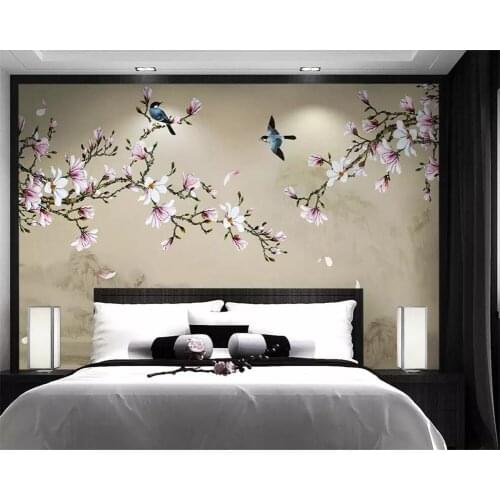 Custom wallpaper mural magnolia hand-painted meticulous flower and bird TV background wall decorative painting 3d wallpaper