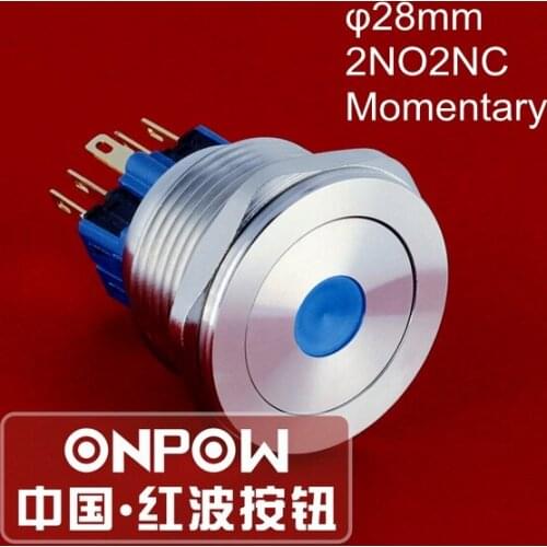 ONPOW 28mm 12V,24V,36V 2NO2NC IP65 Momentary Dot illuminated Stainless steel Push button switch (GQ28PF-22D/B/12V/S) CE, ROHS