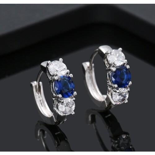 Simple Female Blue Zircon Stone Earrings Charm Silver Color Clip Earrings For Women Dainty Crystal Round Wedding Earrings
