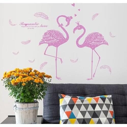 DIY Couple Love Flamingo PVC Self-adhesive Wall Sticker Romantic Feather Decoration Bedroom Living Room Vinyl Mural Art Decals