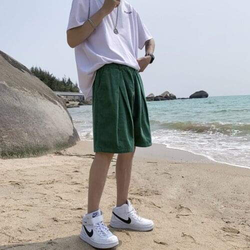 Summer Cotton Corduroy Shorts Mens Fashion Retro Casual Shorts Men Streetwear Loose Straight Drawstring Shorts Mens S-2XL