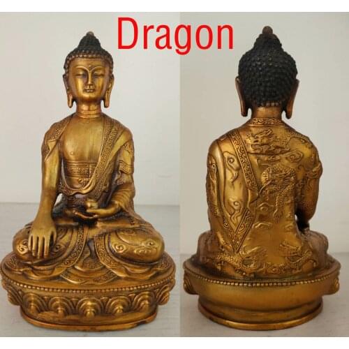 Old Temple Divinity Golden Bronze Buddha Sakyamuni Dragon Sculpture Statue