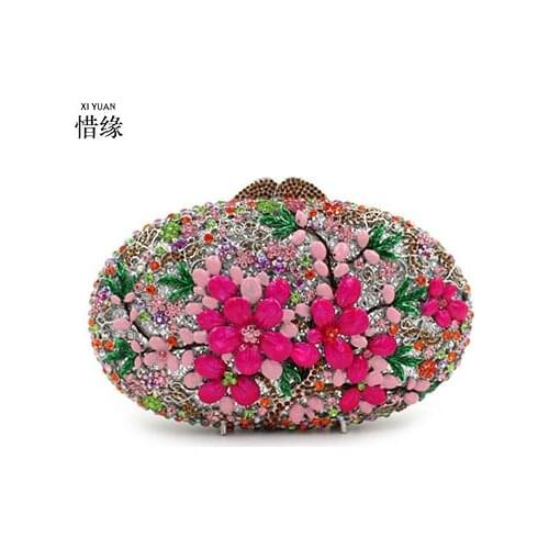XI YUAN BRAND women New fashion luxury oval full diamond crystal purse female flowers evening bag lady Day Clutches Minaudiere
