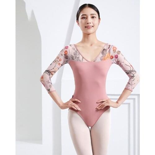 Womens Black Mesh Dance Leotard Three Quarter Sleeve Ballet Leotard Adult Ballet Practice Dance Costume Gymnastics Leotard
