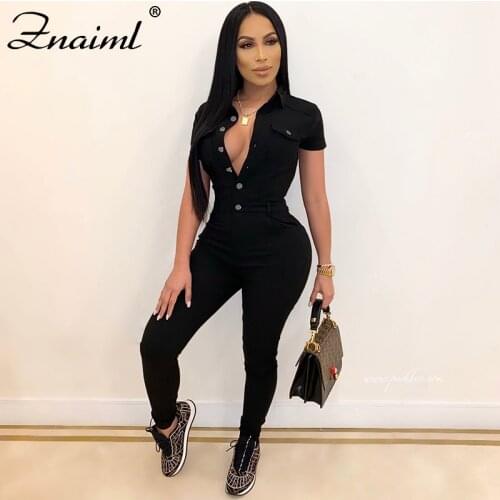 Znaiml Spring Autumn Women Denim Jumpsuit Short Sleeve Single-Breasted Bodycon Pencil Rompers Sexy Streetwear Overall Outfits