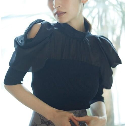 Chic Off Shoulder Puff Sleeve Patchwork Knit Pullovers Elegant Stand Collar Office Ladies Slim Sweaters 2021 Fall Knitwear Tops