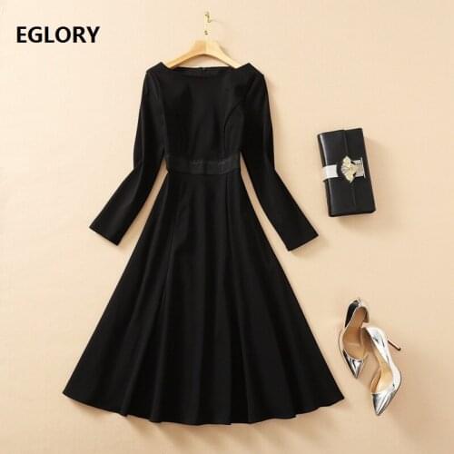 Long Sleeve Dress 2021 Spring Fashion Designer Women O-Neck Embroidery Stitching Large Swing Casual Black Runway Dress Female