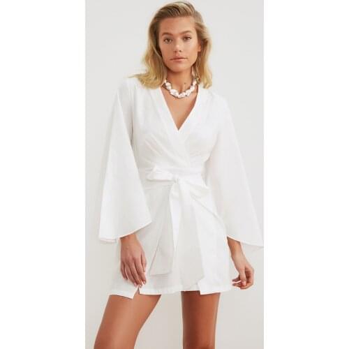 White Lacing Detailed Linen Looking Beach Dress TBESS21EL3208