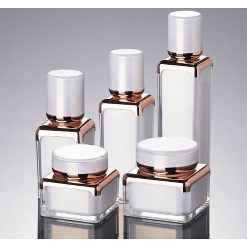 10PCS Elegant Square Shape Acrylic Bottle Jar Lotion Pump Bottle Pearl White Rose Gold Color Acrylic Cream Jar 30g 15ml 30ml