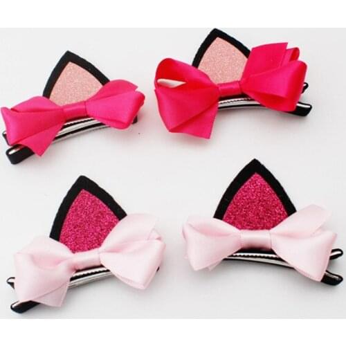 15Pairs/lot Christmas Felt Cat Ear Hair Clips Girls Fashion Hairpin Rose Red Pink Bow Tridimensional Cute Sweet Cartoon Hairpin