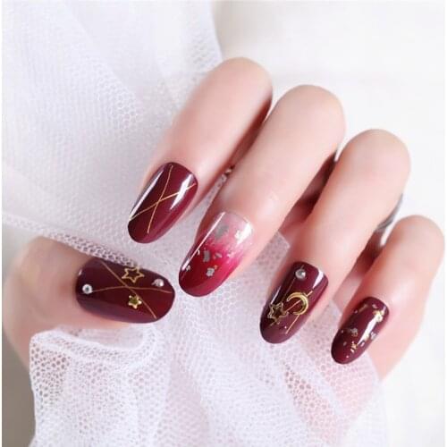 24pcs/box with 2g glue Gradual Wine Red Color with Star and Moon Pendant 3D Fake Nails press on oval hend False Nails for girls
