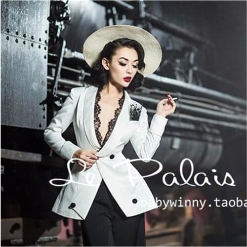 40- autumn vintage women 50s white lace patch double breasted blazer feminino elegant office lady plus size elegant blazer