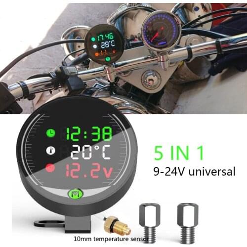 5 in 1 Motorcycle Water Temperature Meter USB Rechargable Time Voltmeter LED Night Vision Meter with Temperature Sensor