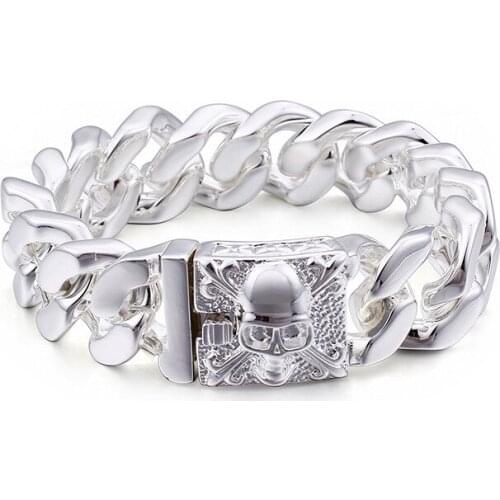 316L titanium steel bracelet Mens stainless steel skull bracelet Silver color bracelet wide face heavy domineering jewelry