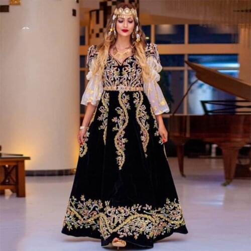 Black Velour Beading Dubai Saudi Arabia Evening Dress See Thru 3/4 Sleeves Moroccan Caftan Embroidered Long Formal Party Dress