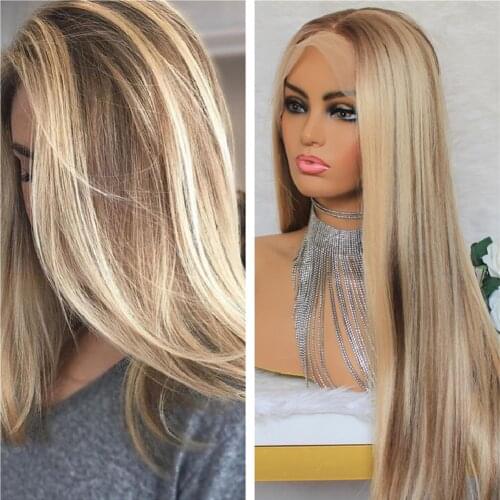 Ombre Synthetic Lace Front Wig Blonde Hair Wig Middle Part Highlight Wig Long Straight Hair 22 inch