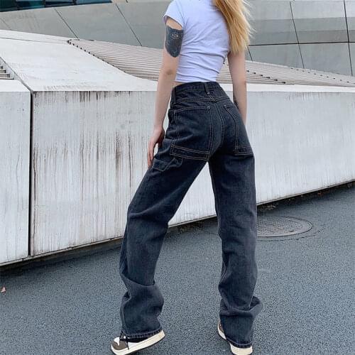 Women Jeans Baggy Smoky Gray Blue Elegant Wide Leg Cargo Flare Pants Girl Straight Casual Loose High Waist Denim Femme Mujer 90s