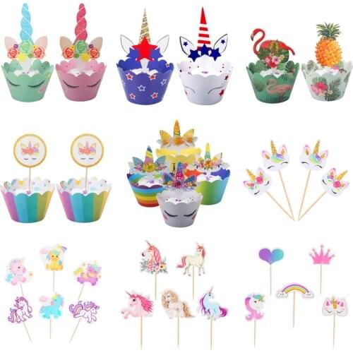 24pcs Unicorn Party Cupcake Topper Happy Birthday Party Paper Cupcake Wrappers Baby Shower Children Kids Cake Decor Supplies
