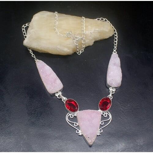 Gemstonefactory Jewelry Big Promotion Unique 925 Silver Natural Agate Druzy Red Garnet Women Chain Necklace 42cm 202101464