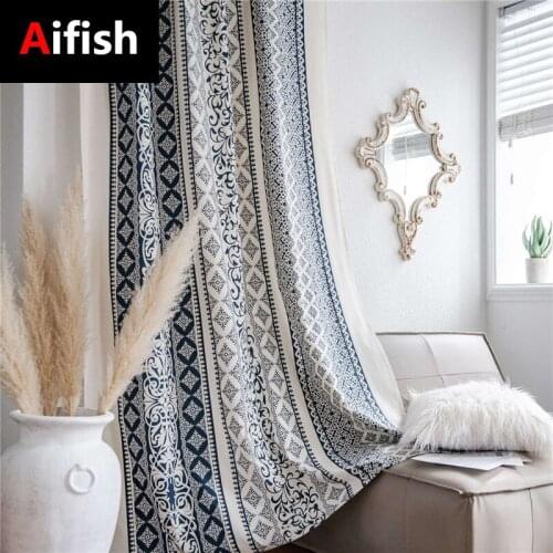 Chinese Classical Linen Blue White Porcelain Printing Semi-Blackout Kitchen Bay Window Geometric Graphic Curtain Cortinas 5