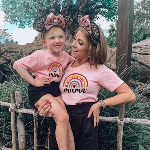 Parent-child Summer Clothes 2021 Mother and Daughter Short-sleeved Pink T-shirt Cartoon Rainbow Mini Letter family matching clot