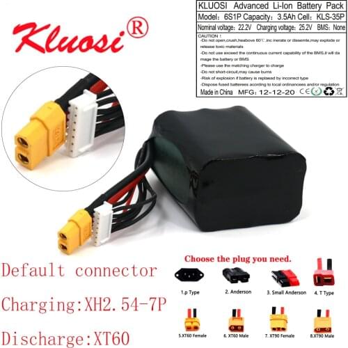 KLUOSI 6S1P 24V 3.5Ah 25.2V High Capacity UAV Rechargeable Li-ion Battery for Various RC Airplane Drone Quadrotor XH2.54-7P XT60