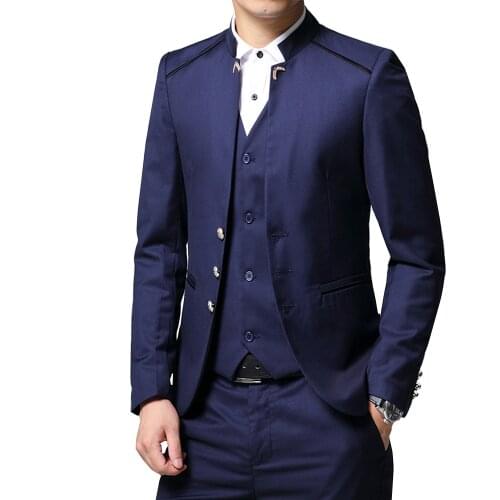 Mens Suit 3 Piece Set Slim Fit Jacket Pants Vest Wedding Banquet Male Stand Collar Solid Color Business Casual Blazer Coat
