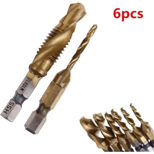 6pcs/lot High Quality Hex Shank Titanium Plated Screw Thread Drill Bits Set Compound Tap M3 M4 M5 M6 M8 M10