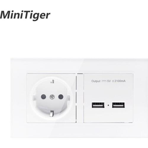 Minitiger Wall Socket EU Standard Power Outlet With Dual USB Smart Induction Charge Port For Mobile 2.1A Crystal Glass Panel