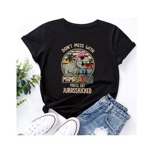 Plus Size S-5XL Women T-shirt Summer Short Sleeve Cotton Cute Dinosaur Letters Print Tees Funny Tops Casual O Neck Female Tshirt