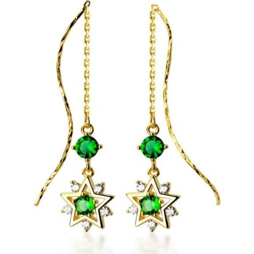 Real. 925-STERLING-SILVER prong-cz Green zirconia Star Flower Dangle Threader Earrings long GTLE2922