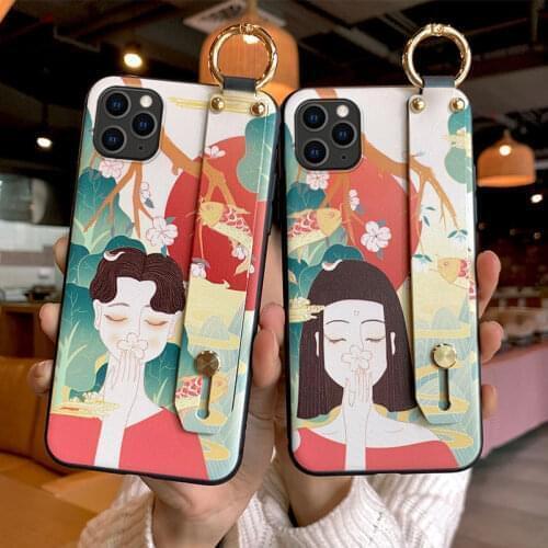 Embossed Phone Case for Samsung S10e S8 9 10 20 21 Ultra Plus Note8 9 10 20 Ultra Plus Soft Back Cover Wrist Strap Capa Cases