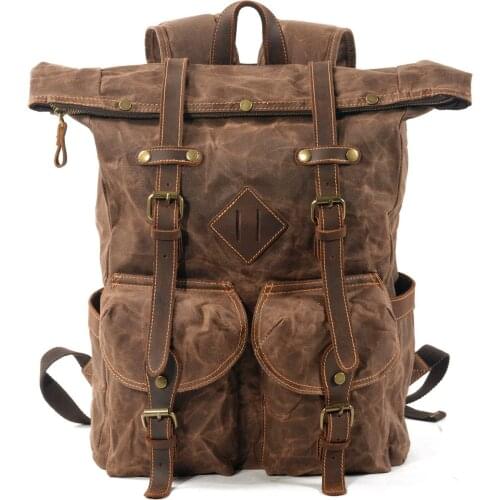 Hot Europe Canvas Leather Backpacks Men Large Capacity Large Waxed Canvas Bag Mountaineering Travel Pack Vintage Backpack