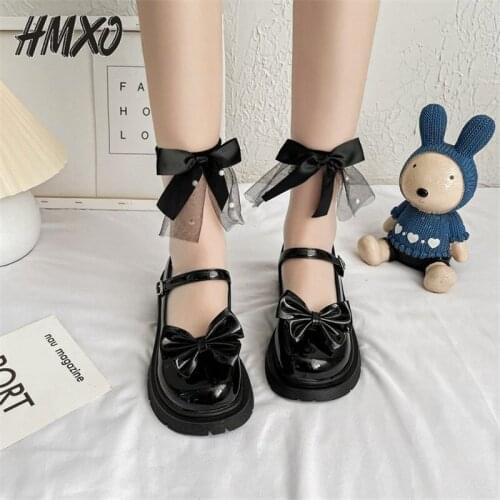 HMXO Bowknot Retro British Hepburn Round-toe Student Jk Shoes One-word Buckle Thick-soled Flat Leather Shoes Fairy Girl shoes