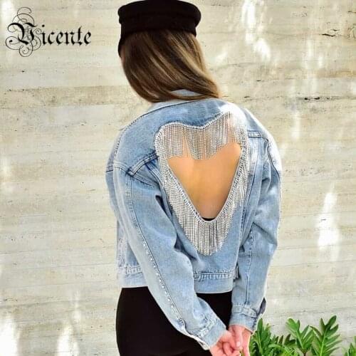 VC All Free Shipping New Chic Beads Chain Design Sexy Back Hollow Out Short Jacket Female Casual Party Wear Denim Jacket