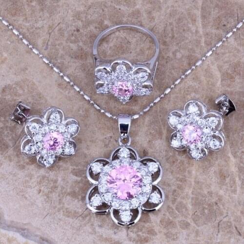 Delightful Pink White CZ Silver Plated Jewelry Sets Earrings Pendant Ring Size 6 / 7 / 8 / 9 / 10 S0165