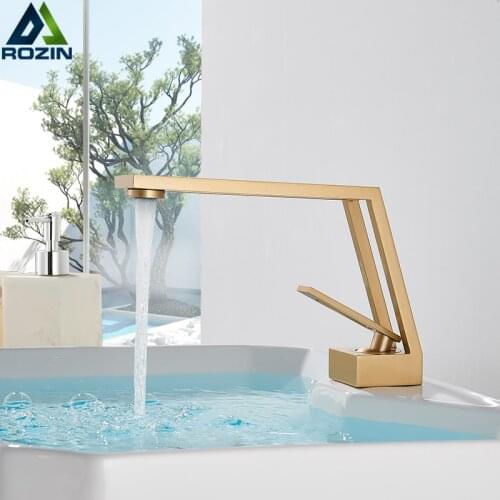 Rozin Nordic Style Basin Faucet Square Hollow-Carved Design Brushed Gold Bathroom Sink Faucets Deck Mounted Cold Hot Mixer Tap