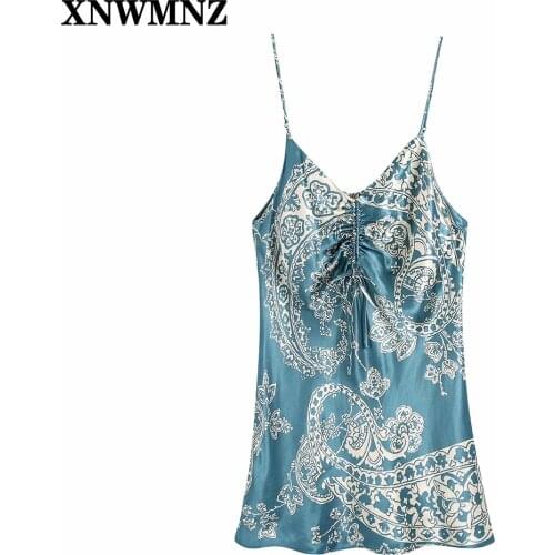 XNWMNZ 2021 Vintage Print satin Dress Woman Dresses Summer Ruched Adjustable Straps Backless Mini Sexy Dress Women Party Dress